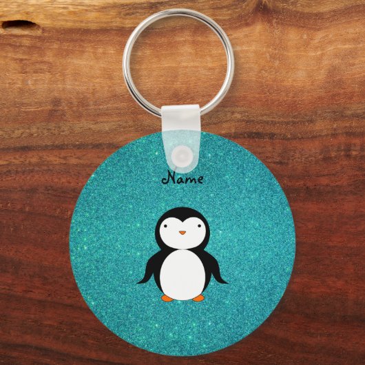 Persoonlijke benaming penguin turquoise glitter sleutelhanger (Voorkant)
