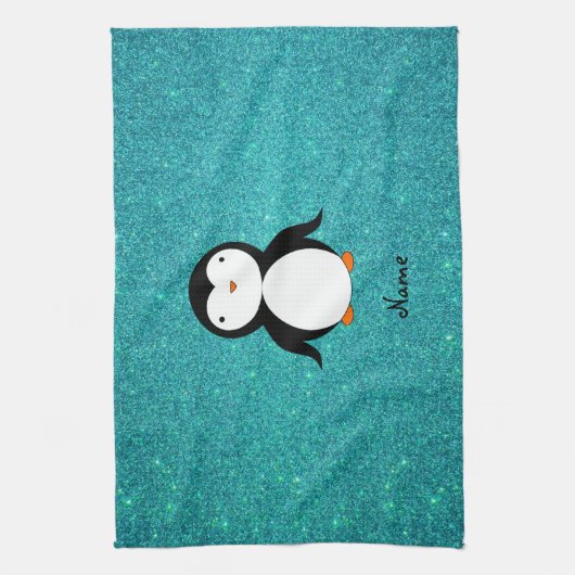 Persoonlijke benaming penguin turquoise glitter theedoek (Verticaal)