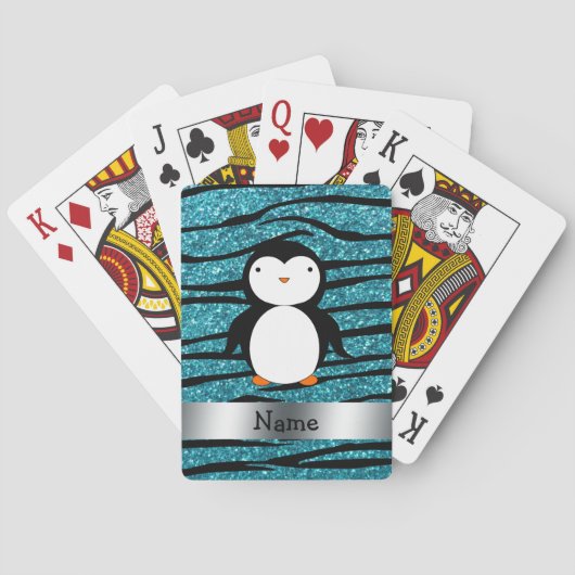 Persoonlijke benaming penguin turquoise glitter ze speelkaarten (Achterkant)