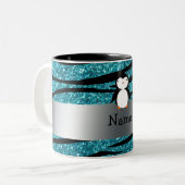 Persoonlijke benaming penguin turquoise glitter ze tweekleurige koffiemok (Voorkant links)