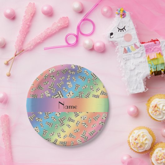 Persoonlijke benaming regenboogdominos papieren bordje (Feest)