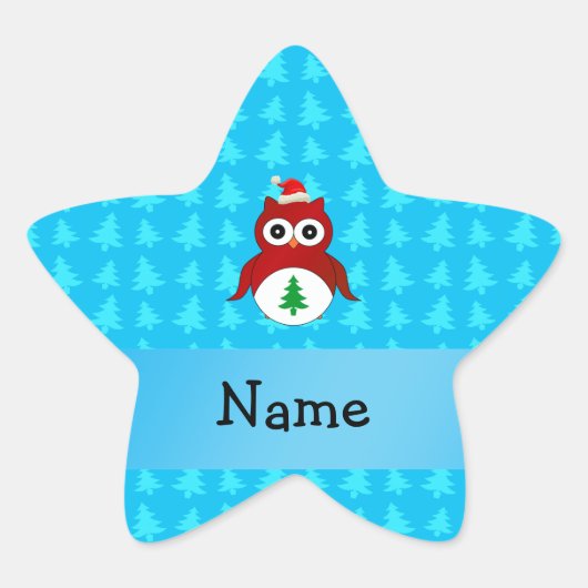 Persoonlijke benaming rode santa owl blue bomen ster sticker (Voorkant)