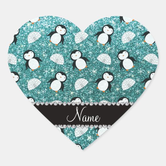 Persoonlijke benaming turquoise glitter pinguins i hart sticker (Voorkant)