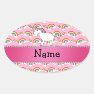 Persoonlijke benaming unicorn roze regenbogen ovale sticker