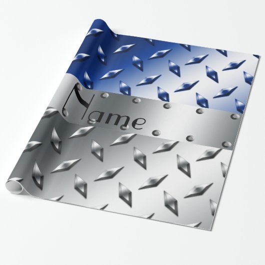 Persoonlijke benaming zilverblauw ruitstaal bord cadeaupapier (Uitgerold)