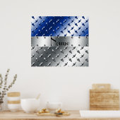 Persoonlijke benaming zilverblauw ruitstaal bord poster (Keuken)