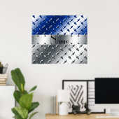 Persoonlijke benaming zilverblauw ruitstaal bord poster (Thuiskantoor)