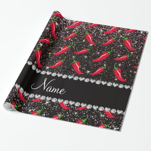 Persoonlijke benaming zwarte glitter chili pepper cadeaupapier (Uitgerold)