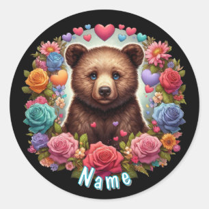 Persoonlijke berenwelp met rozen en harten ronde sticker