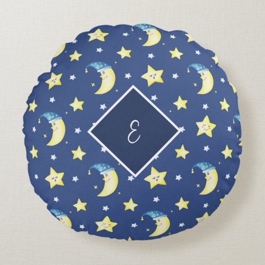 Persoonlijke berichtmaan en Stars Blauw Rond Kussen (Voorkant)