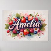 Persoonlijke Berry Floral Naam Poster "Amelia" (Voorkant)