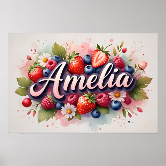 Persoonlijke Berry Floral Naam Poster "Amelia" (Voorkant)