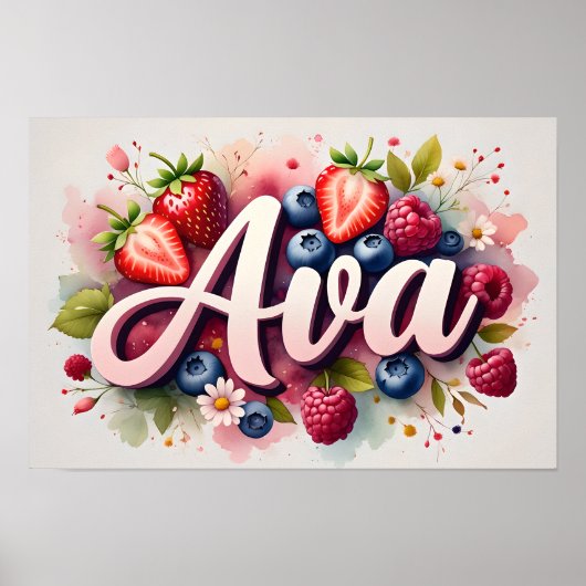 Persoonlijke Berry Floral naam poster "Ava" (Voorkant)