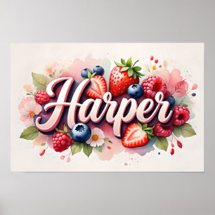 Persoonlijke Berry Floral Naam Poster "Harper"
