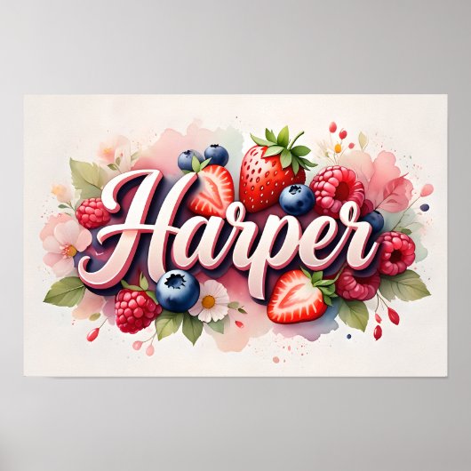 Persoonlijke Berry Floral Naam Poster "Harper" (Voorkant)