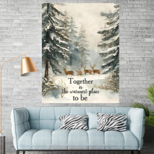 Persoonlijke besneeuwde bos hertenfamilie aquarel poster