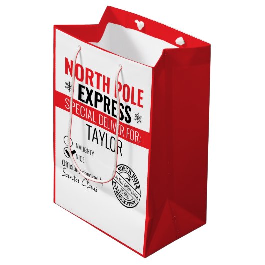 Persoonlijke bezorgingskerst op Noordpool Express Medium Cadeauzakje (Voorkant Gekanteld)