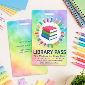 Persoonlijke bibliotheekpas met regenboogpotloden badge