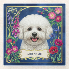 Persoonlijke Bichon Frise Blauwe Bloem Motief Onde Glazen Onderzetter