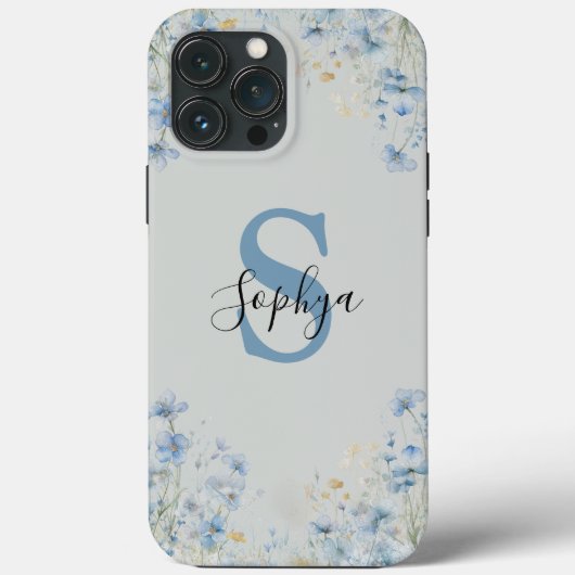 Persoonlijke Blauwe Bloem Monogram Case-Mate iPhone Case (Achterkant)