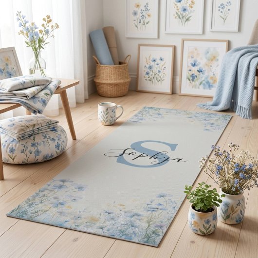 Persoonlijke Blauwe Bloem Monogram Yoga Mat