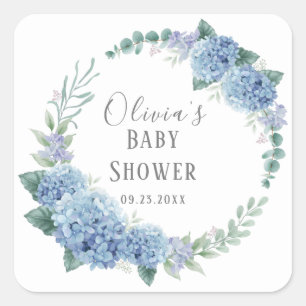 Persoonlijke blauwe bloemenkrans baby shower vierkante sticker