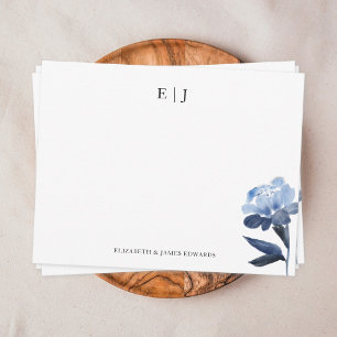 Persoonlijke Blauwe Bloemige Monogram Koppel Initi Notitiekaartje