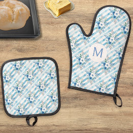 Persoonlijke Blauwe Bloemstreep Landelijke Keuken Ovenwant & Pannenlap Set