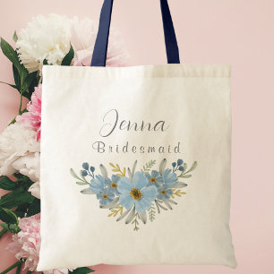 Persoonlijke blauwe botanische bloem bruidsmeisje tote bag