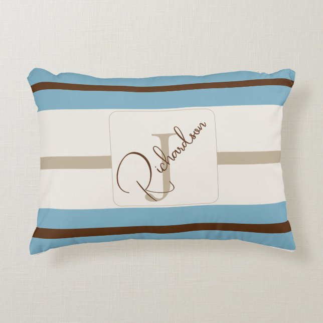 Persoonlijke Blauwe Bruine Streep Monogram Kust  Accent Kussen (Voorkant)