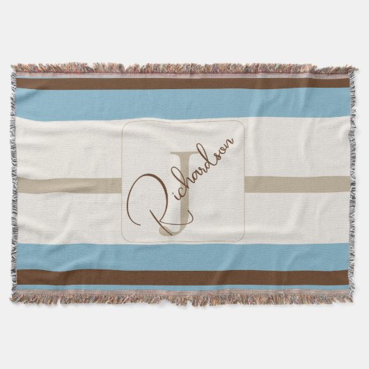 Persoonlijke Blauwe Bruine Streep Monogram Kust  Deken (Voorkant)