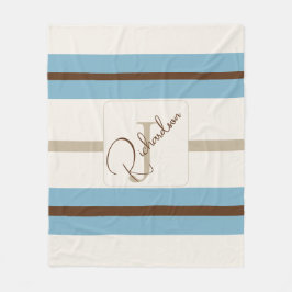 Persoonlijke Blauwe Bruine Streep Monogram Kust- Fleece Deken