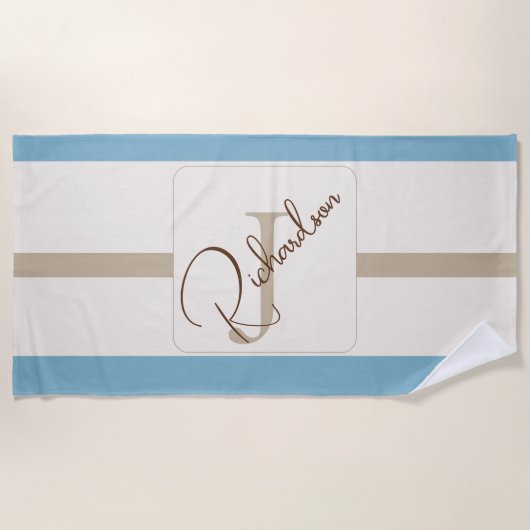 Persoonlijke Blauwe Bruine Streep Monogram Kust- Strandlaken (Voorkant)