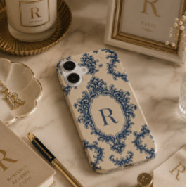 Persoonlijke Blauwe Damast Monogram iPhone 16 Hoesje