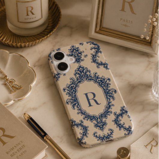 Persoonlijke Blauwe Damast Monogram Case-Mate iPhone Case