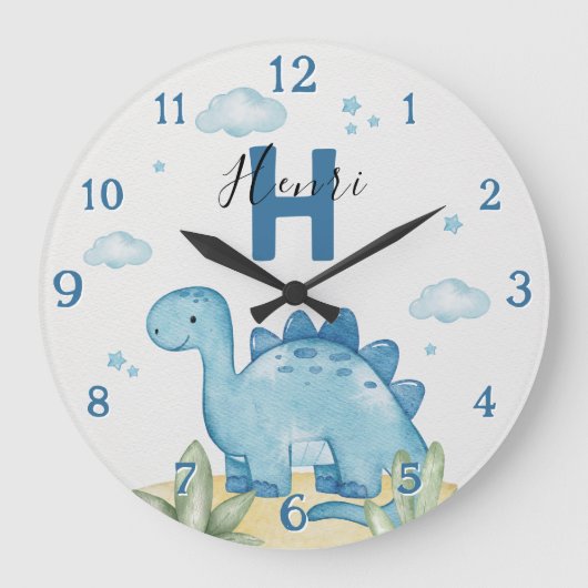 Persoonlijke Blauwe Dinosaurie Kinderkamer Klok (Voorkant)