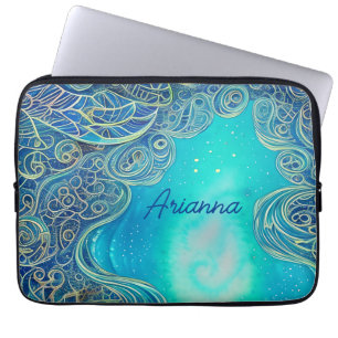 Persoonlijke blauwe en turquoise abstracte kunst laptop sleeve