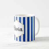 Persoonlijke blauwe en witte gestreepte koffiemok (Voorkant rechts)