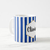 Persoonlijke blauwe en witte gestreepte koffiemok (Voorkant links)