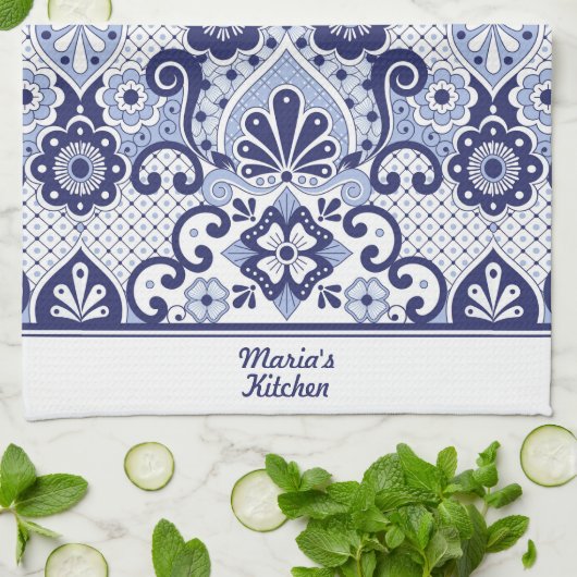 Persoonlijke Blauwe en Witte Mexicaanse Talavera-T Theedoek (Gevouwen)