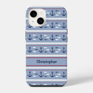 Persoonlijke Blauwe en Witte Nautilische Ankers iPhone 14 Hoesje
