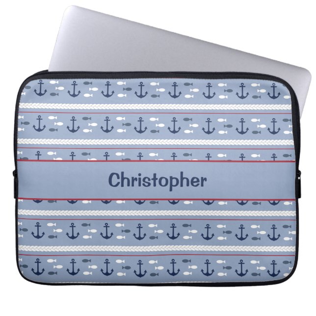Persoonlijke blauwe en witte nautische ankers  laptop sleeve (Voorkant)