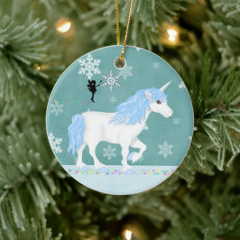 Persoonlijke blauwe en witte unicorn en milde keramisch ornament