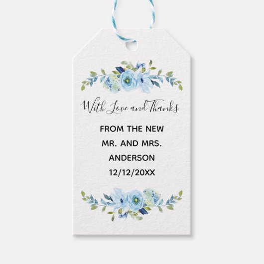 Persoonlijke blauwe Floral Wedding Favor Cadeaulabel (Voorkant)