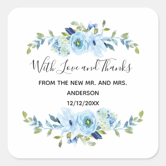 Persoonlijke blauwe Floral Wedding Favor Vierkante Sticker (Voorkant)