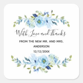 Persoonlijke blauwe Floral Wedding Favor Vierkante Sticker