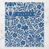 Persoonlijke Blauwe Folk Bloem Nordic Maatwerk Wijn Etiket (Enkel label)