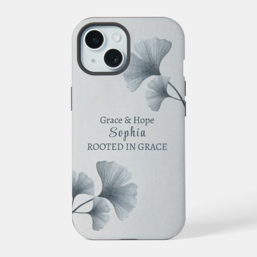 Persoonlijke Blauwe Ginkgo Blad Aangepaste Naam iPhone 15 Case (Achterkant)