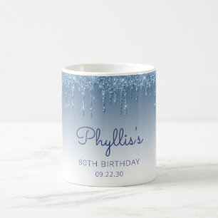 Persoonlijke Blauwe Glitter Drip 80e Verjaardag Koffiemok