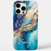 Persoonlijke Blauwe Goud Marmer Calligrafie Naam Case-Mate iPhone Case (Achterkant)